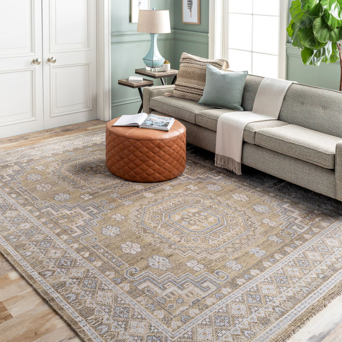 Almeria handgeknoopt vloerkleed — Mosterd / Lichtblauw | ALM-2301