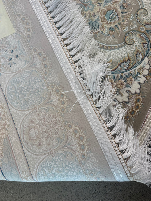 Luxe machinaal geweven Perzisch tapijt – Zilvergrijs / Zachtblauw medaillon – 215 x 305 cm