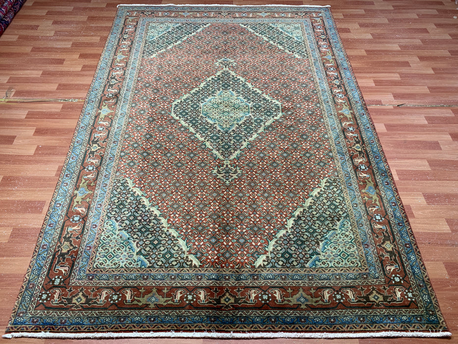 6’5” × 9’4” Hand-Knotted Persian Bijar Wool Rug – Rust Red Mahi Design with Medallion