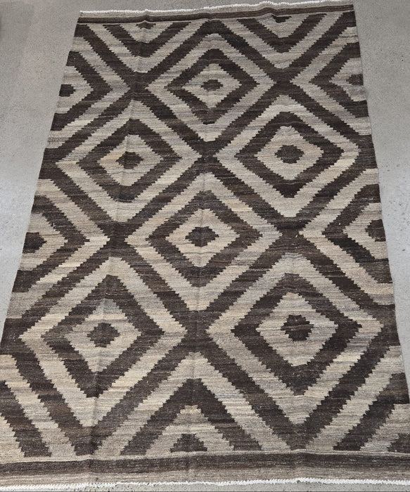 Handgeweven wollen kelim vloerkleed – Bruin / Beige ruitpatroon – 170 x 302 cm