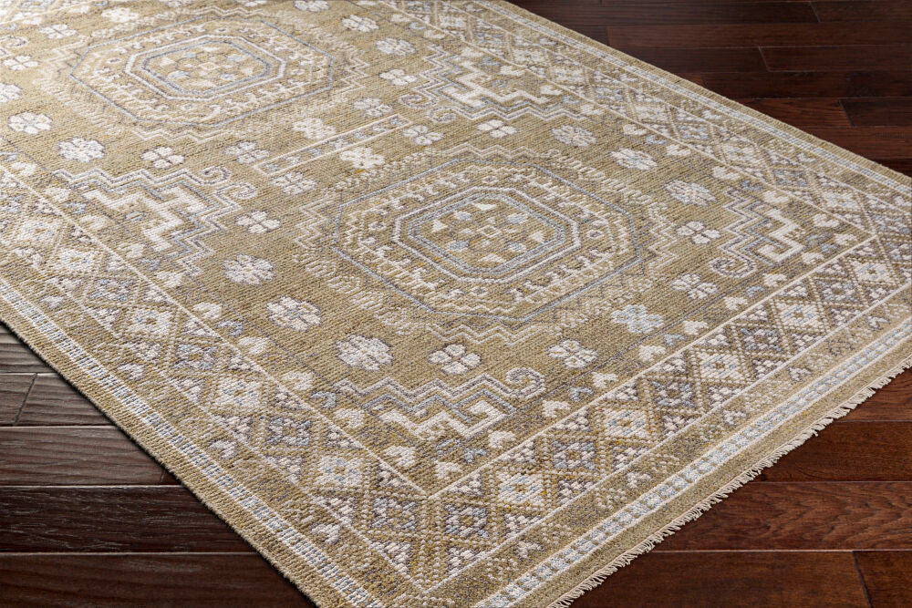 Almeria handgeknoopt vloerkleed — Mosterd / Lichtblauw | ALM-2301