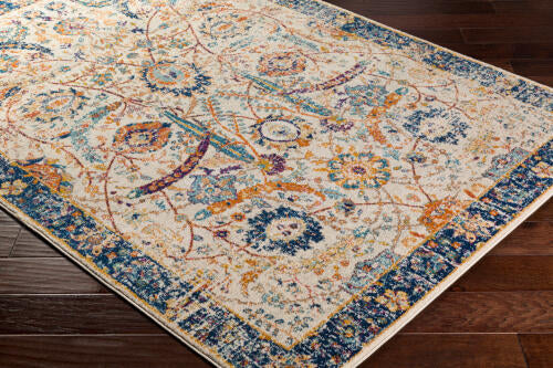 Livabliss Harput machinaal geweven vloerkleed — Multi / Marineblauwe rand | HAP-1014
