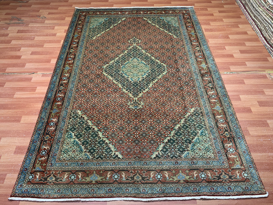 6’5” × 9’4” Hand-Knotted Persian Bijar Wool Rug – Rust Red Mahi Design with Medallion