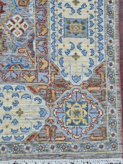 8x10ft, Handgeknoopte tapijten, Oosters Mamluk-reliëfmotief, Natuurlijk grijs