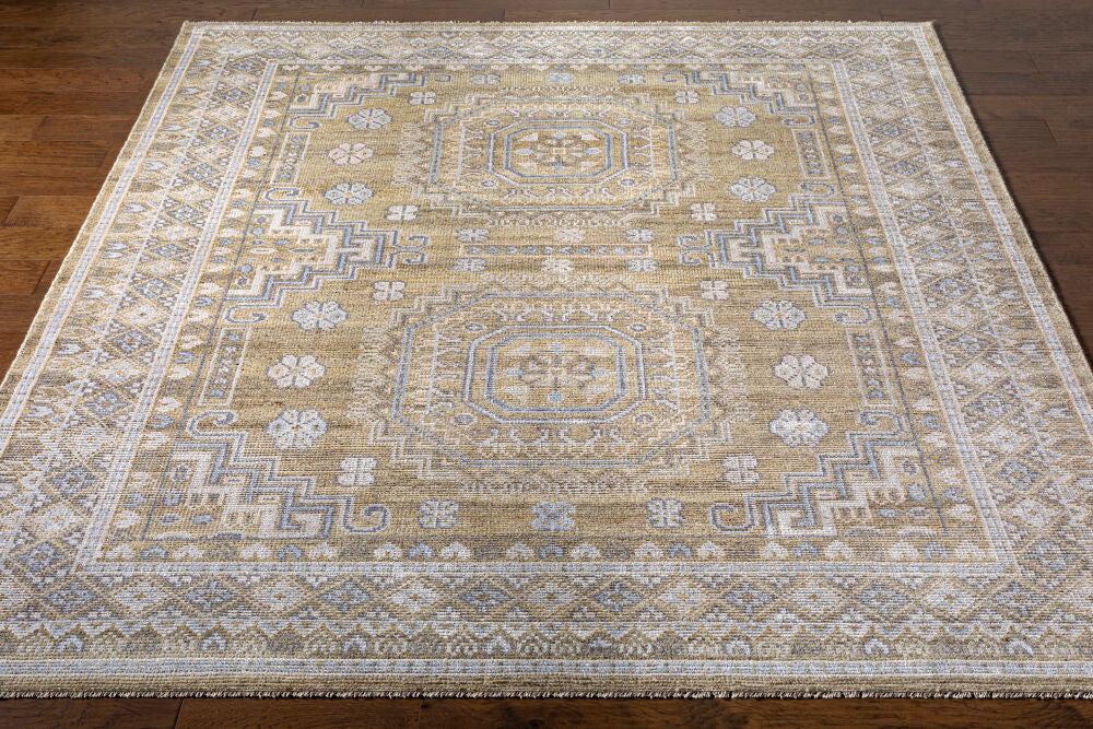 Almeria handgeknoopt vloerkleed — Mosterd / Lichtblauw | ALM-2301