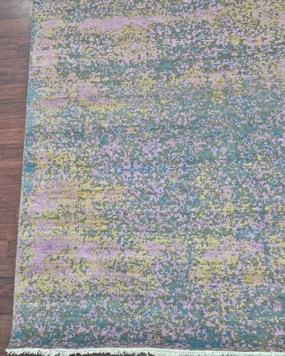 244x305 cm, handgeknoopt modern ontwerp vloerkleed van wol en bamboezijde, grijs en goud