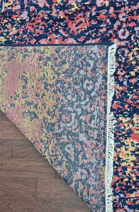 8x10 ft, handgeknoopt tapijt van wol en bamboezijde, modern design, kleur navy