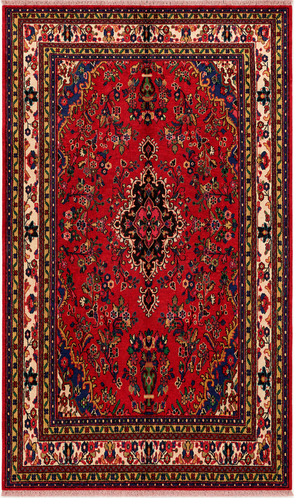 Handgemaakt Perzisch wollen vloerkleed 7x10 - Rood, marineblauw & ivoorkleurig traditioneel Perzisch kleed met medaillon - Exacte afmeting 9'9" x 6'8" - KBHM-1035