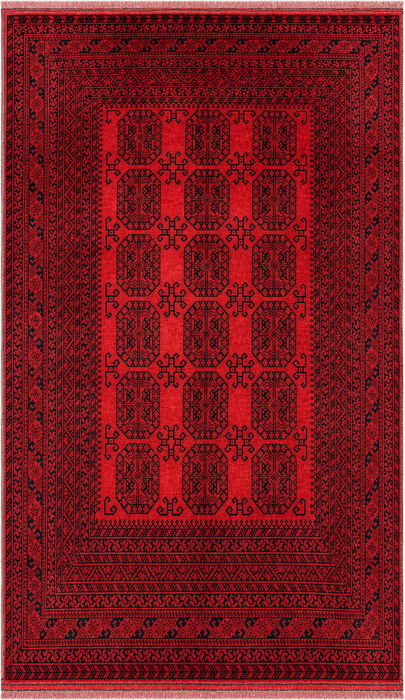 Handgemaakt Perzisch wollen vloerkleed 210x300 cm - Dieprood & zwart geometrisch kleed in Perzische stijl - Exacte afmetingen 292 cm x 206 cm - KBHM-1203