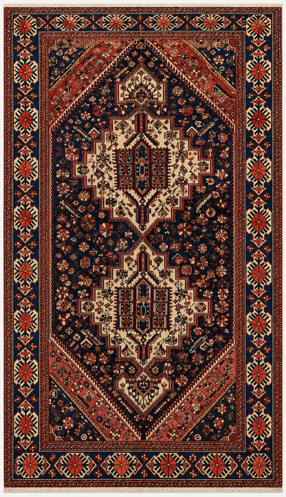 Handgemaakt Perzisch wollen vloerkleed 7x10 - Marineblauw, ivoor & rood tribaal medaillon Perzische stijl vloerkleed - Exacte afmeting 9'6" x 6'3" - KBHM-809