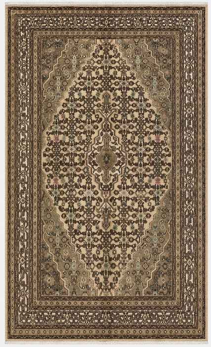 Handgemaakt Perzisch wollen vloerkleed 7x10 - Beige, taupe & ivoorkleurig vintage medaillon vloerkleed in Perzische stijl - Exacte afmeting 9'8" x 6'11" - KBHM-806
