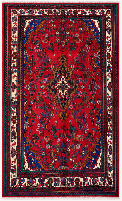 Handgemaakt Perzisch wollen vloerkleed 7x10 - Rood, ivoor & blauw Perzisch stijl kleed met bloemenmedaillon - Exacte afmeting 9'11" x 6'11" - KBHM-805