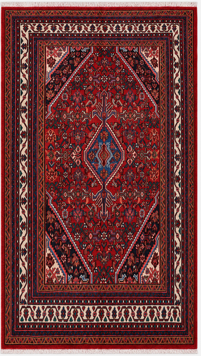 Handgemaakt Perzisch wollen vloerkleed 210x305 - Rood, ivoor & blauw tribaal medaillon Perzische stijl vloerkleed - Exacte maat 297 cm x 208 cm - KBHM-777