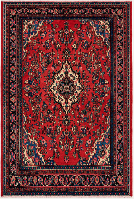 Handgemaakt Perzisch wollen vloerkleed 7x10 - Rood, marineblauw & ivoorkleurig Perzisch stijl kleed met bloemenmedaillon - Exacte afmeting 299 cm x 211 cm - KBHM-774