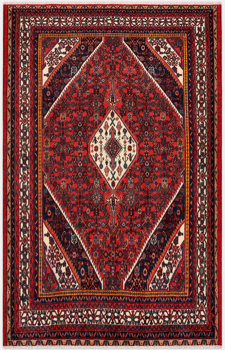 Handgemaakt Perzisch wollen vloerkleed 215x305 cm - Rood, ivoor & marineblauw tribaal medaillon Perzische stijl kleed - Exacte afmeting 302 cm x 213 cm - KBHM-773