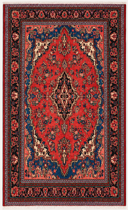 Handgemaakt Perzisch wollen vloerkleed 213x305 cm - Rood, blauw & ivoorkleurig bloemenmedaillon Perzisch stijl kleed - Exacte afmeting 297 cm x 211 cm - KBHM-771