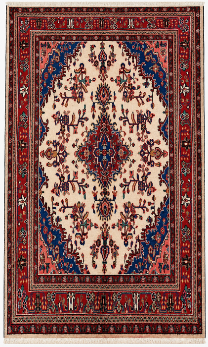 Handgemaakt Perzisch wollen vloerkleed 210x300 cm - Ivoor, rood en blauw Perzisch stijl kleed met bloemenmedaillon - Exacte afmetingen 292 cm x 211 cm - KBHM-768