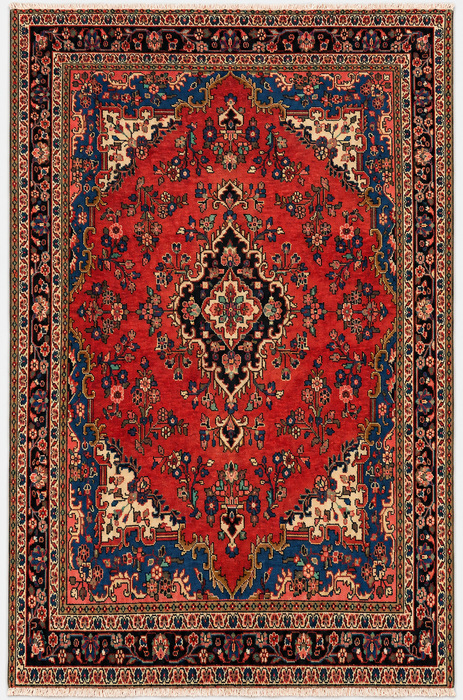 Handgemaakt Perzisch wollen vloerkleed 7x10 - Rood, blauw & ivoor kleurig bloemenmedaillon Perzisch stijl kleed - Exacte afmeting 10'3" x 6'9" - KBHM-767