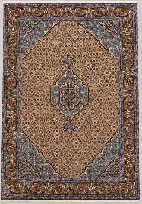 Handgemaakt Perzisch wollen vloerkleed 7x10 - Vintage Perzisch stijl kleed met medaillon in beige, blauw & bruin - Exacte afmetingen 9'8" x 6'5" - KBHM-756