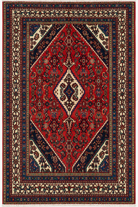 Handgemaakt Perzisch wollen vloerkleed 7x10 - Rood, marineblauw & ivoor tribaal medaillon Perzisch stijl kleed - Exacte afmeting 10'7" x 6'11" - KBHM-750