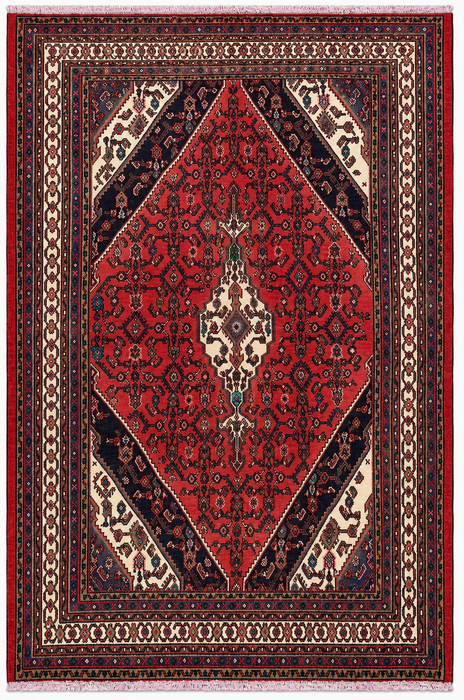 Handgemaakt Perzisch wollen vloerkleed 213x305 cm - Rood, marineblauw & ivoorkleurig Perzisch tapijt met geometrisch medaillon - Exacte maat 282 cm x 211 cm - KBHM-747
