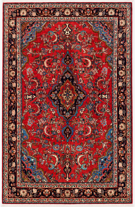 Handgemaakt Perzisch wollen vloerkleed 7x10 - Rood, marineblauw & ivoorkleurig Perzisch stijl kleed met bloemenmedaillon - Exacte afmeting 10'5" x 6'8" - KBHM-746