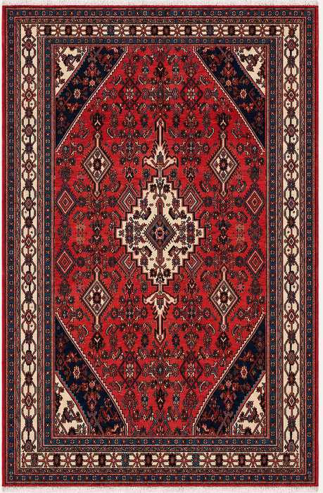 Handgemaakt Perzisch wollen vloerkleed 7x10 - Rood, marineblauw & ivoorkleurig Perzisch stijl kleed met medaillon - Exacte afmeting 9'10" x 6'8" - KBHM-745