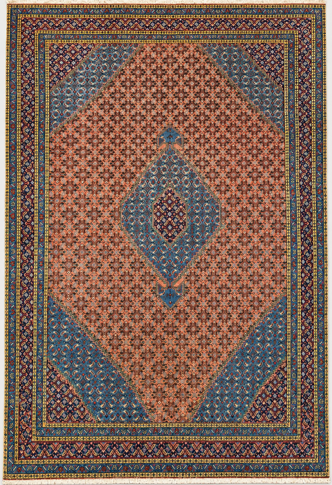 Handgemaakt Perzisch wollen karpet 7x10 - Roos, blauw & ivoor vintage medaillon Perzische stijl tapijt - Exacte afmeting 9'5" x 6'5" - KBHM-740