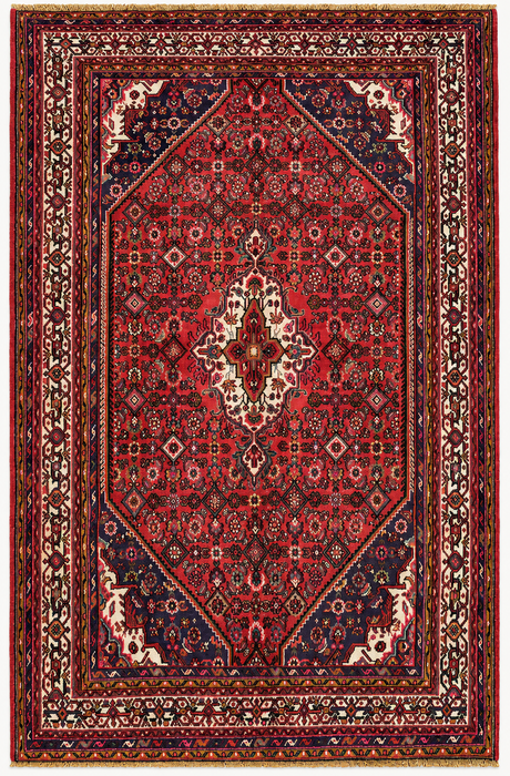 Handgemaakt Perzisch wollen vloerkleed 210x300 cm - Rood, marineblauw en ivoorkleurig Perzisch tapijt met bloemenmedaillon - Exacte afmetingen 299 cm x 208 cm - KBHM-739