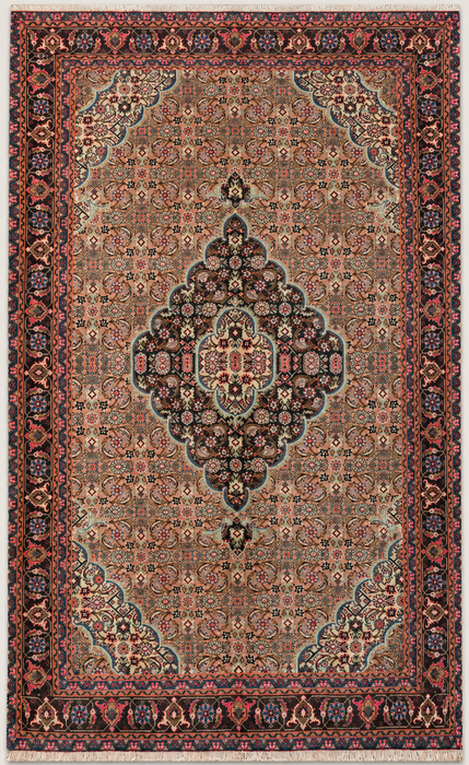Handgemaakt Perzisch wollen vloerkleed 7x10 - Beige, taupe & zachtroze vintage medaillon Perzisch stijl kleed - Exacte afmeting 9'4" x 6'1" - KBHM-738
