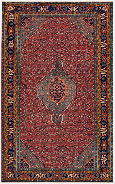 Handgeweven Perzisch wollen vloerkleed 7x10 - Rood, blauw & ivoor vintage medaillon Perzische stijl vloerkleed - Exacte afmeting 287 cm x 191 cm - KBHM-733