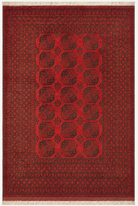 Handgemaakt Perzisch wollen vloerkleed 7x10 - Rood & zwart tribaal geometrisch medaillon Perzisch stijl kleed - Exacte afmeting 9'2" x 6'6" - KBHM-731