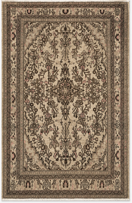 Handgemaakt Perzisch wollen vloerkleed 210x300 cm - Vintage Perzisch bloemmotief in beige, taupe en zachtroze - Exacte afmeting 299 cm x 210 cm - KBHM-726