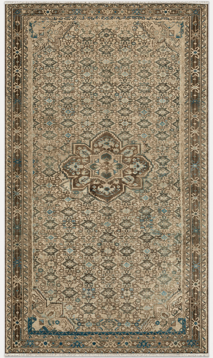 Handgemaakt Perzisch wollen vloerkleed 213x305 cm - Beige, bruin & zachtblauw vintage geometrisch medaillon Perzisch stijl kleed - Exacte afmetingen 335 cm x 165 cm - KBHM-723