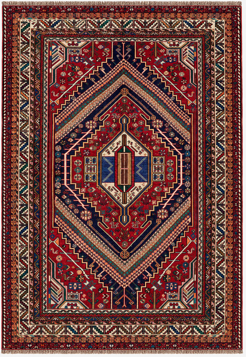 Handgemaakt Perzisch wollen vloerkleed 7x10 - Rood, marineblauw & ivoorkleurig Perzisch tapijt in stamtalige medaillonstijl - Exacte afmetingen 8'10" x 6'2" - KBHM-720