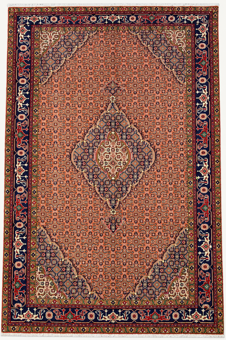 Handgemaakt Perzisch wollen vloerkleed 7x10 - Vintage Perzisch stijl kleed met medaillon in roze, marineblauw & ivoor - Exacte afmetingen 9'9" x 6'6" - KBHM-713