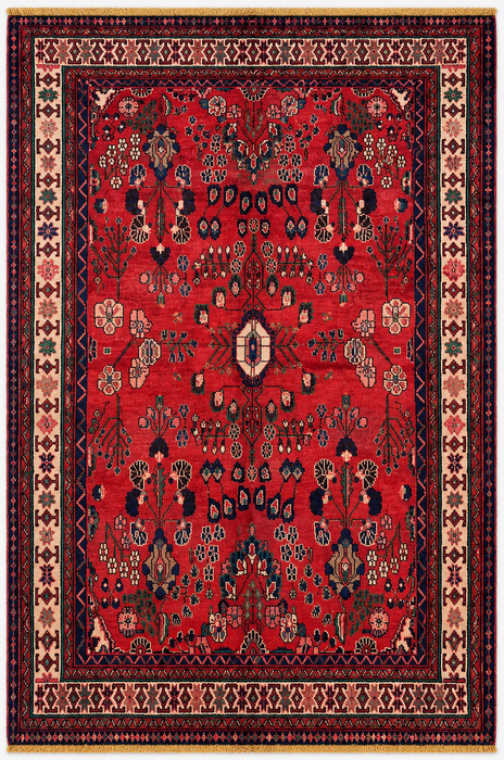 Handmade Persian Wool Area Rug 7x10 - Red, Navy & Ivory Tribal Field Persian Style Rug - Exact Size 10'1" x 6'9" - KBHM-712