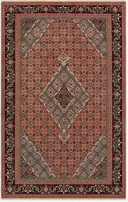 Handgemaakt Perzisch wollen vloerkleed 7x10 - Vintage Perzisch stijl kleed met medaillon in roze, bruin & aqua - Exacte afmeting 9'4" x 6'1" - KBHM-710