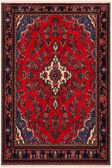 Handgemaakt Perzisch wollen vloerkleed 7x10 - Rood, marineblauw & ivoor kleurig Perzisch vloerkleed met bloemenmedaillon - Exacte maat 9'9" x 6'9" - KBHM-709