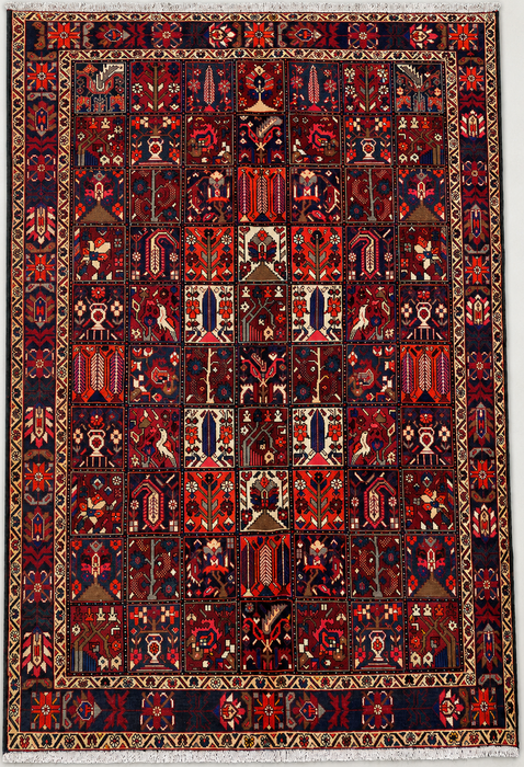 Handgemaakt Perzisch wollen vloerkleed 7x10 - Rood, marineblauw & ivoorkleurig Perzisch tapijt in tribale stijl met panelen - Exacte maat 10'0" x 7'0" - KBHM-707