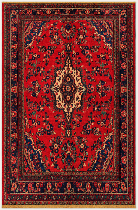 Handgemaakt Perzisch wollen vloerkleed 7x10 - Rood, marineblauw & ivoorkleurig Perzisch tapijt met bloemenmedaillon - Exacte afmeting 9'9" x 6'10" - KBHM-706