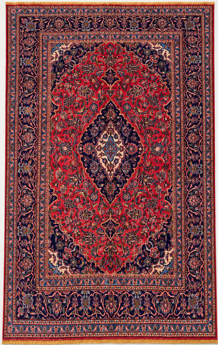 Handgemaakt Perzisch wollen vloerkleed 7x10 - Rood, marineblauw & ivoorkleurig Perzisch vloerkleed met bloemenmedaillon - Exacte afmeting 9'3" x 6'3" - KBHM-704