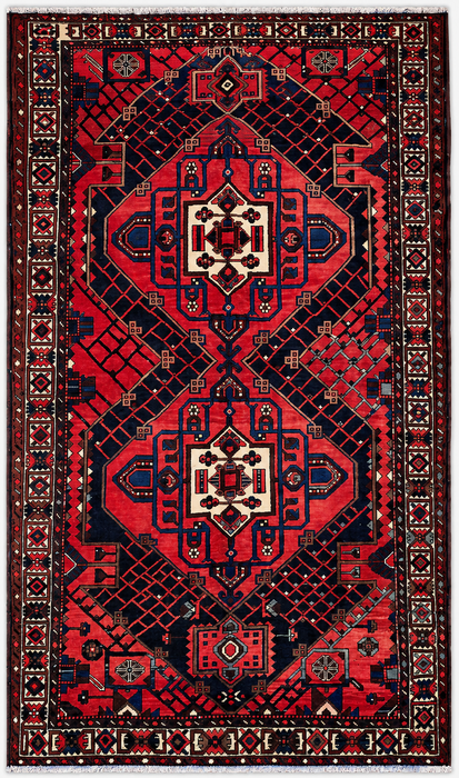 Handgemaakt Perzisch wollen vloerkleed 215x305 cm - Rood, marineblauw en ivoorkleurig tribaal geometrisch medaillon Perzische stijl kleed - Exacte afmeting 307 cm x 203 cm - KBHM-702