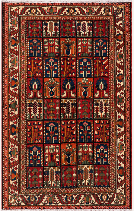 Handgemaakt Perzisch wollen karpet 213x305 - Rood, marineblauw en ivoorkleurig Perzisch tapijt met tribaal patroon - Exacte afmetingen 292 cm x 208 cm - KBHM-700