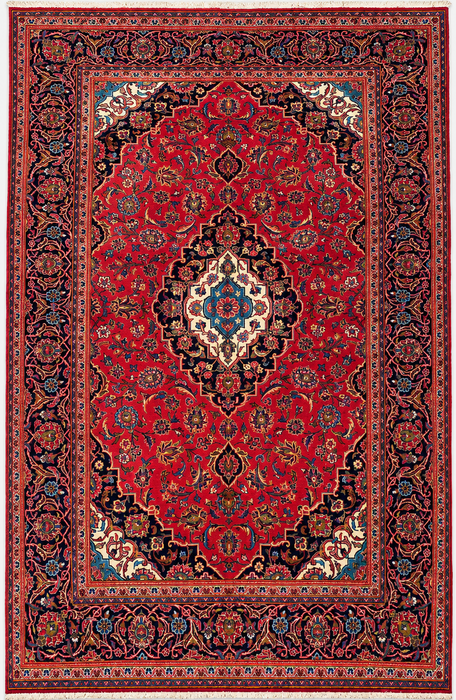 Handgemaakt Perzisch wollen vloerkleed 213x305 cm - Rood, marineblauw & ivoorkleurig Perzisch stijl vloerkleed met bloemenmedaillon - Exacte afmeting 318 cm x 198 cm - KBHM-698