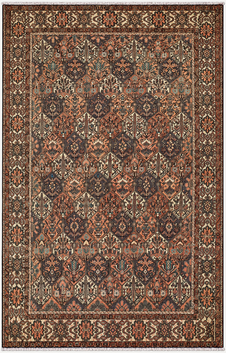 Handgemaakt Perzisch wollen vloerkleed 7x10 - Bruin, ivoor & roze tribaal geometrisch Perzisch stijl kleed - Exacte afmeting 10'3" x 6'10" - KBHM-697