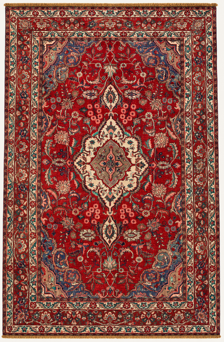 Handgeweven Perzisch wollen vloerkleed 213x305 cm - Rood, marineblauw & ivoorkleurig Perzisch stijl kleed met bloemenmedaillon - Exacte afmeting 315 cm x 208 cm - KBHM-695