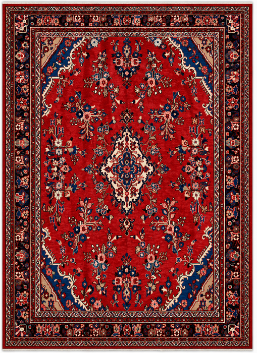 Handgemaakt Perzisch wollen vloerkleed 7x10 - Rood, marineblauw & ivoor traditioneel medaillon vloerkleed in Perzische stijl - Exacte afmeting 9'11" x 7'1" - KBHM-1025