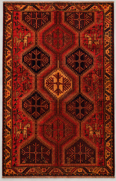 Handgemaakt Perzisch wollen vloerkleed 7x10 - Roestkleurig geometrisch tribaal medaillon Perzische stijl tapijt - Exacte afmeting 9'7" x 6'4" - KBHM-942