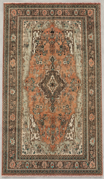 Handgemaakt Perzisch wollen vloerkleed 7x10 - Vervaagd beige & perzik vintage bloemenmedaillon Perzisch stijl vloerkleed - Exacte maat 312 cm x 196 cm - KBHM-938